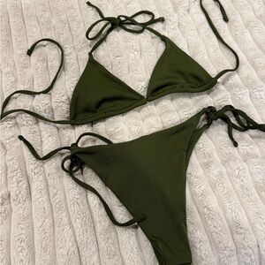 Olive Green ribbed Tie-Side Triangle Bikini - Women Swim